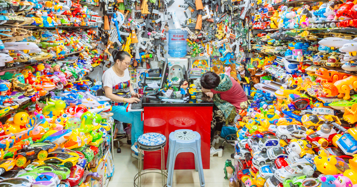 Plastic toys sellers in China Commodity City, Yiwu, China.